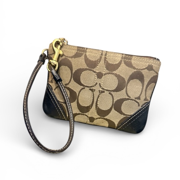 Coach Tan and Brown Signature Wristlet wallet coin purse organizer gold leather - Picture 1 of 8